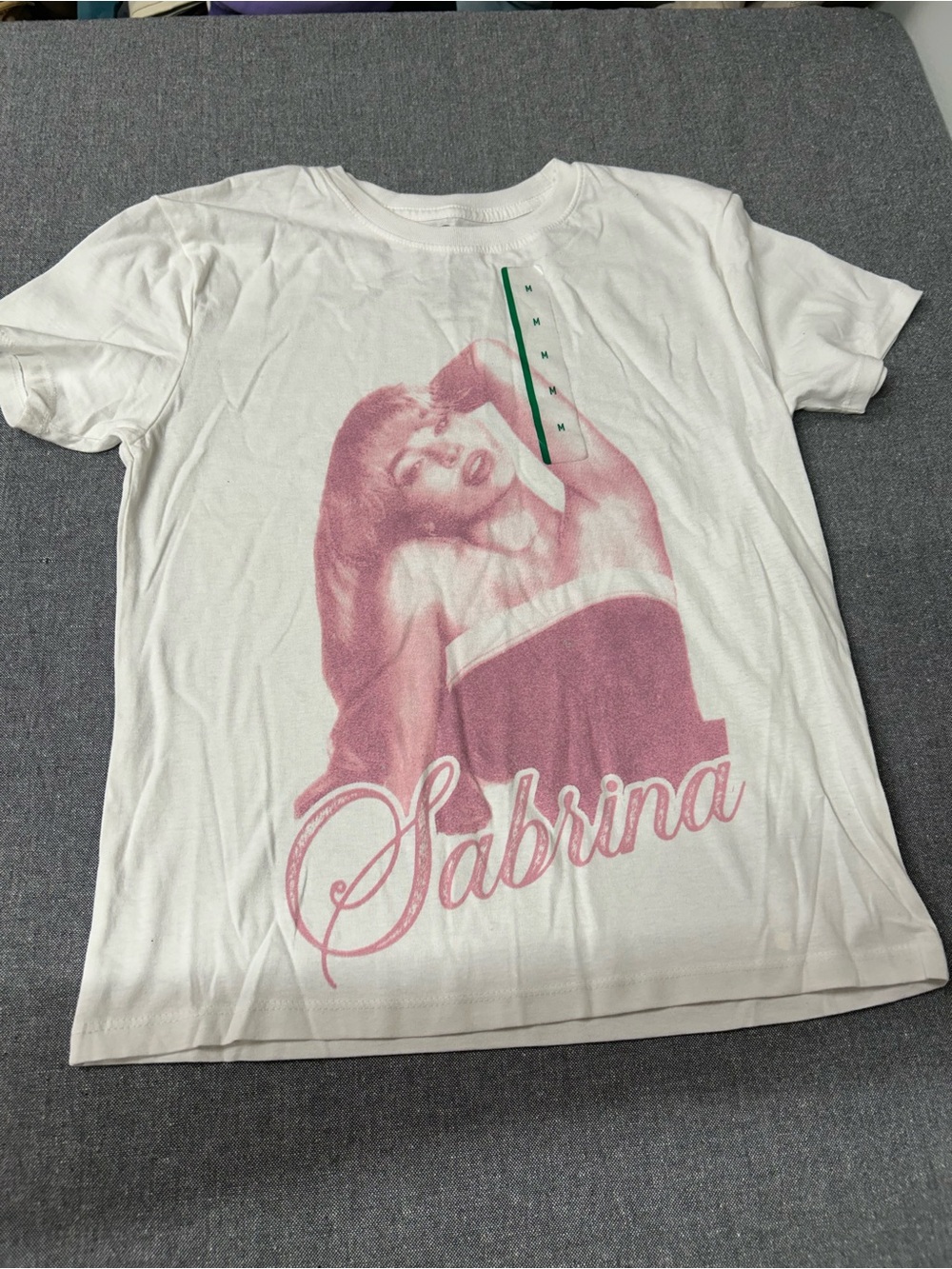 White Short-Sleeve Graphic Tee with Pink 'Sabrina' Print